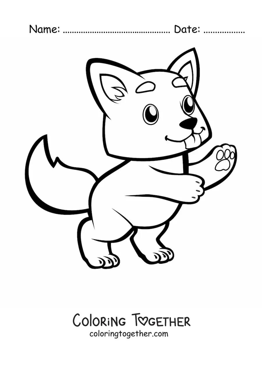 Coloring page of a kawaii cartoon baby wolf standing on two legs and sticking out its tongue