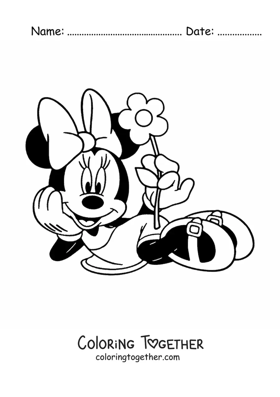 Coloring page of Minnie lying down holding a flower