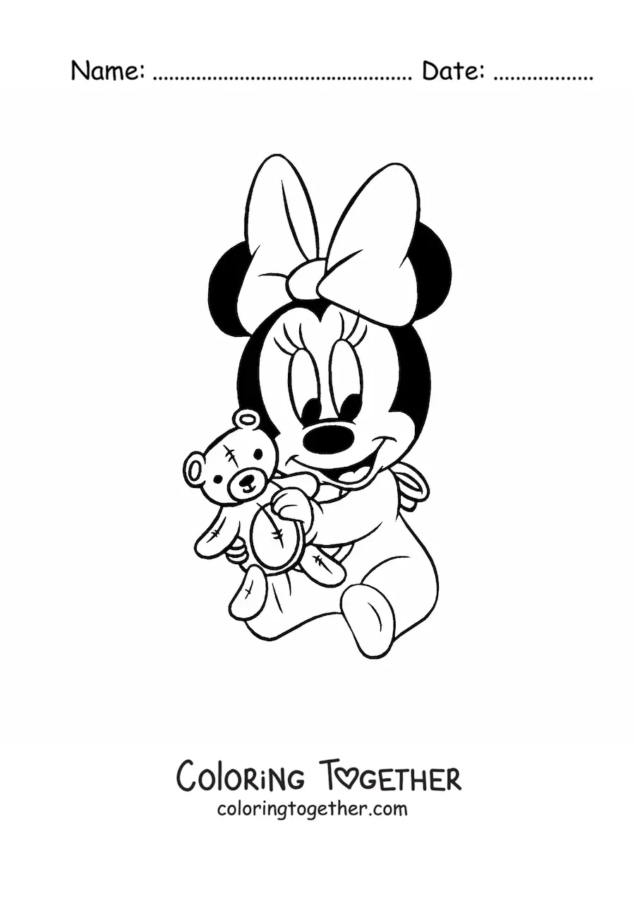 Coloring page of a kawaii baby Minnie with a teddy bear