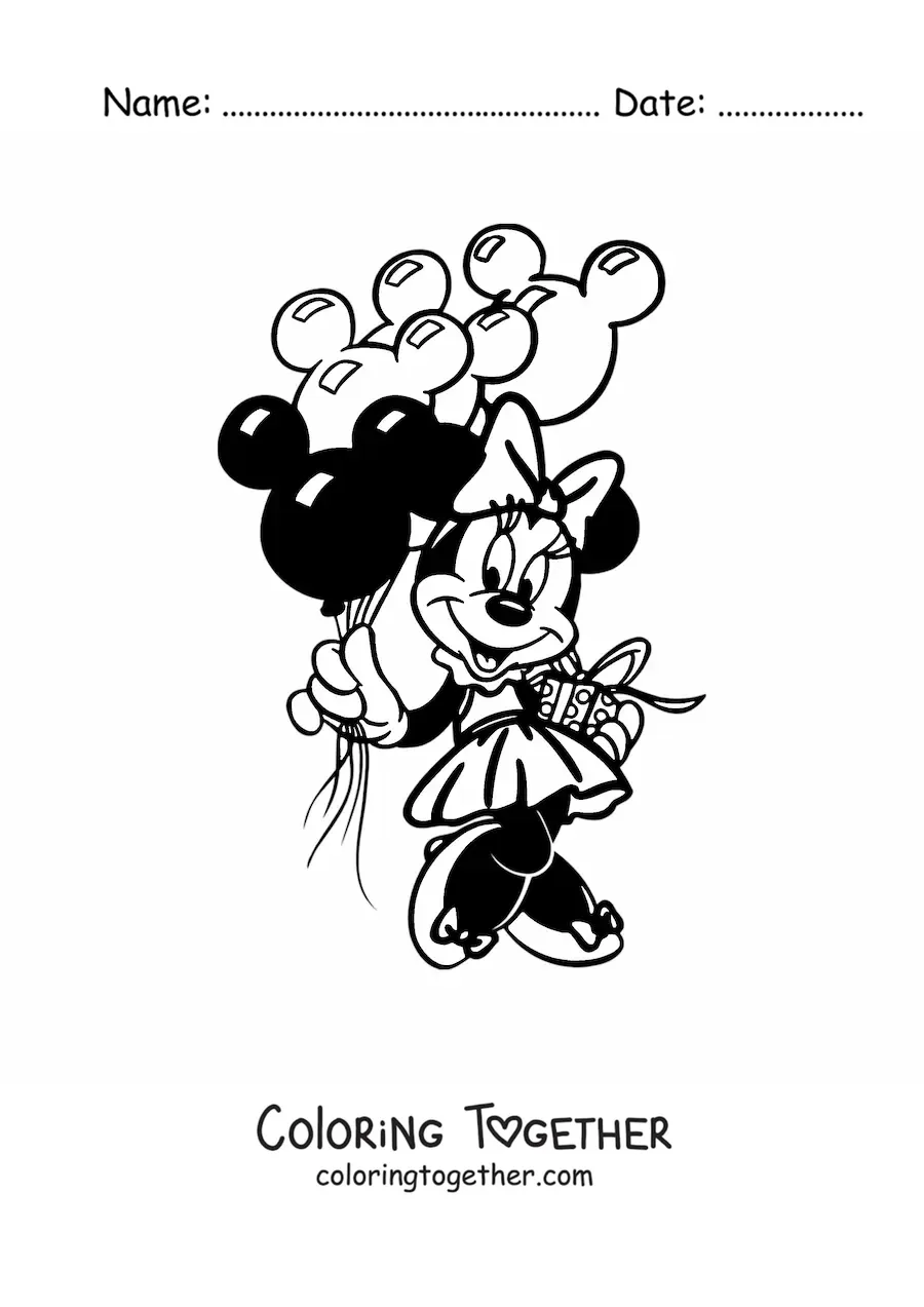 Coloring page of Minnie with a gift and Mickey-shaped birthday balloons