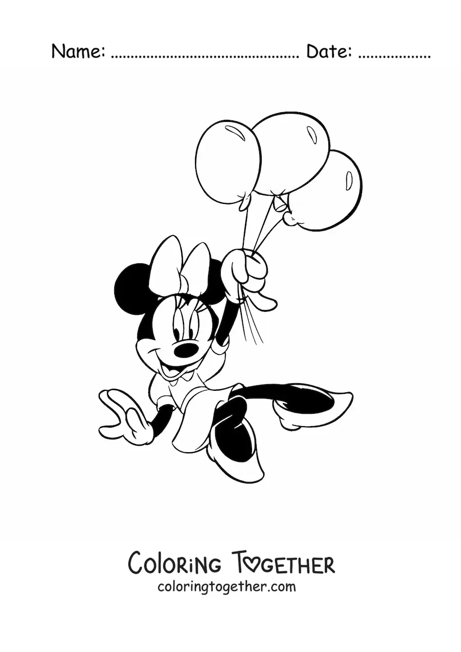 Coloring page of Minnie holding balloons