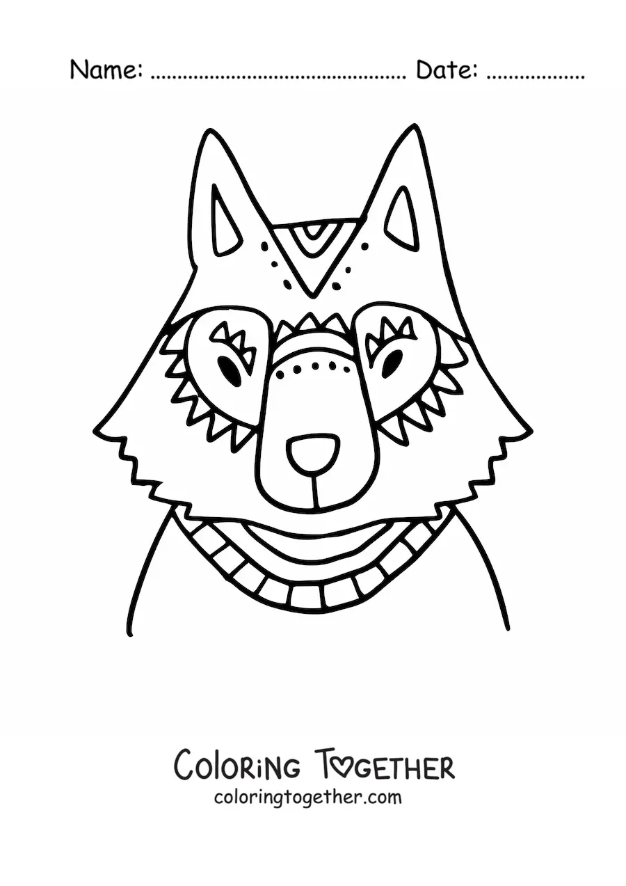 Coloring page of a wolf's head with geometric patterns
