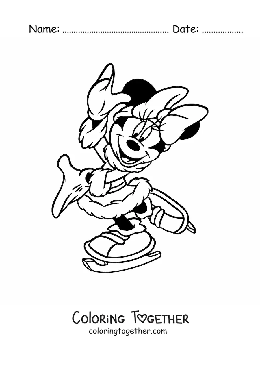 Coloring page of Minnie dressed for winter, skating at Christmas
