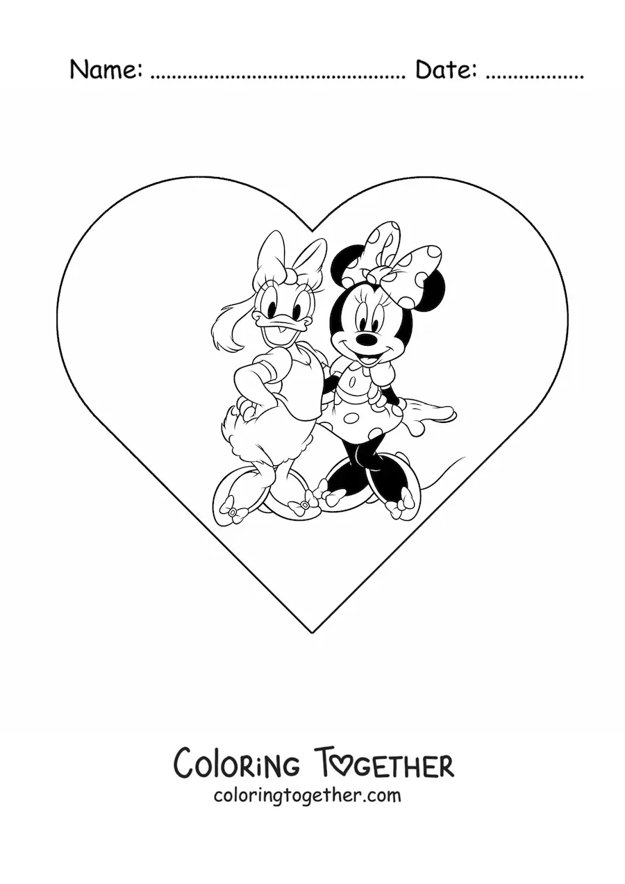Coloring page of Minnie and Daisy with a heart in the background
