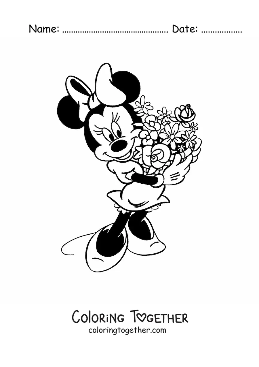 Coloring page of Minnie with a bouquet of flowers