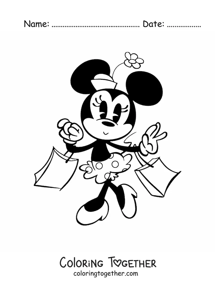 Coloring page of Minnie shopping with bags