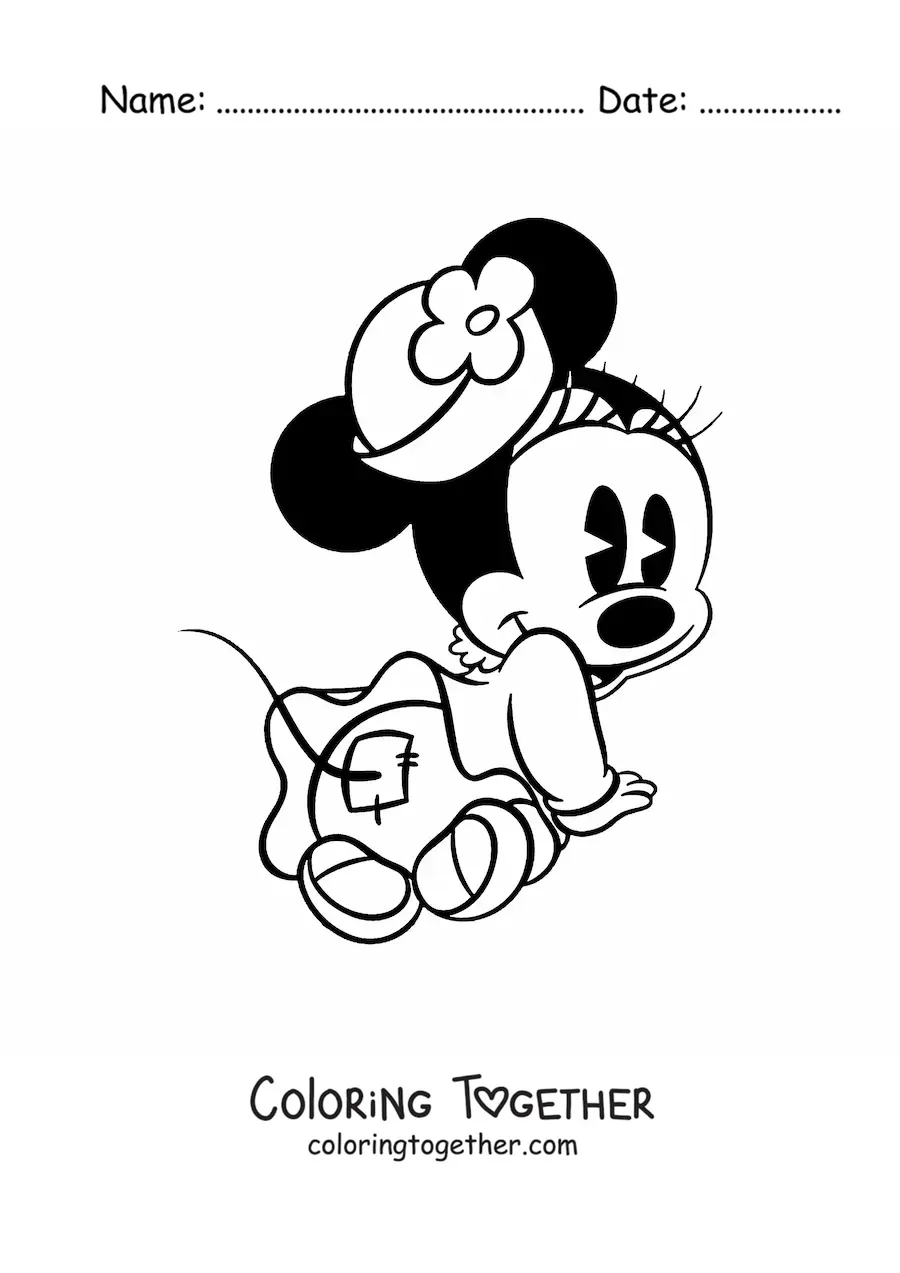 Coloring page of a baby Minnie with a flowered hat