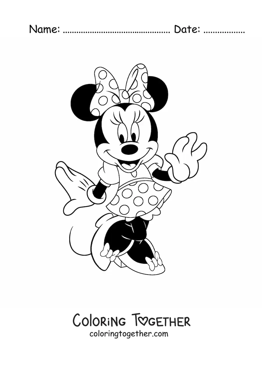 Coloring page of a flirty Minnie in a polka-dot dress