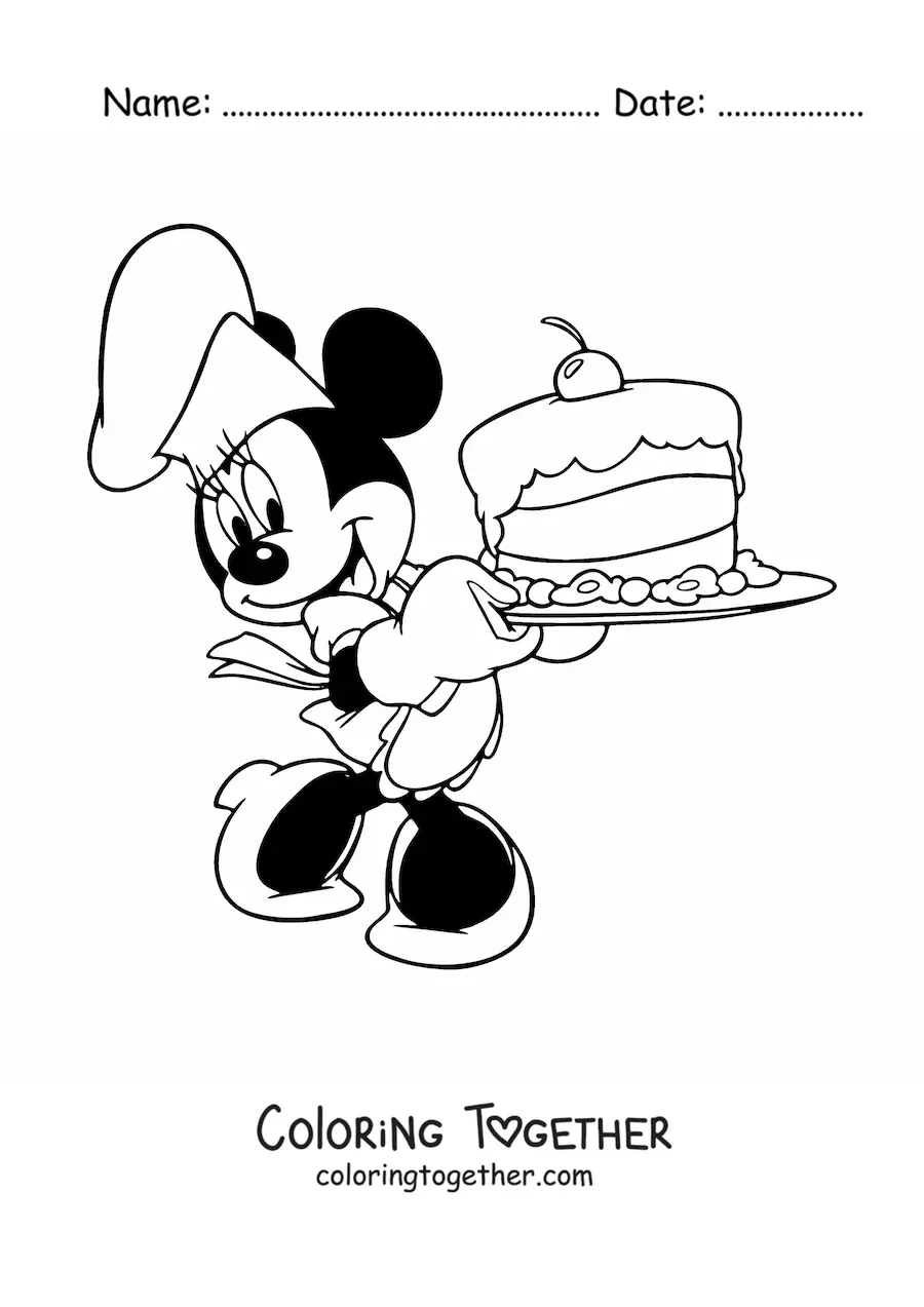 Coloring page of Minnie the cook with a chef's hat and a cake