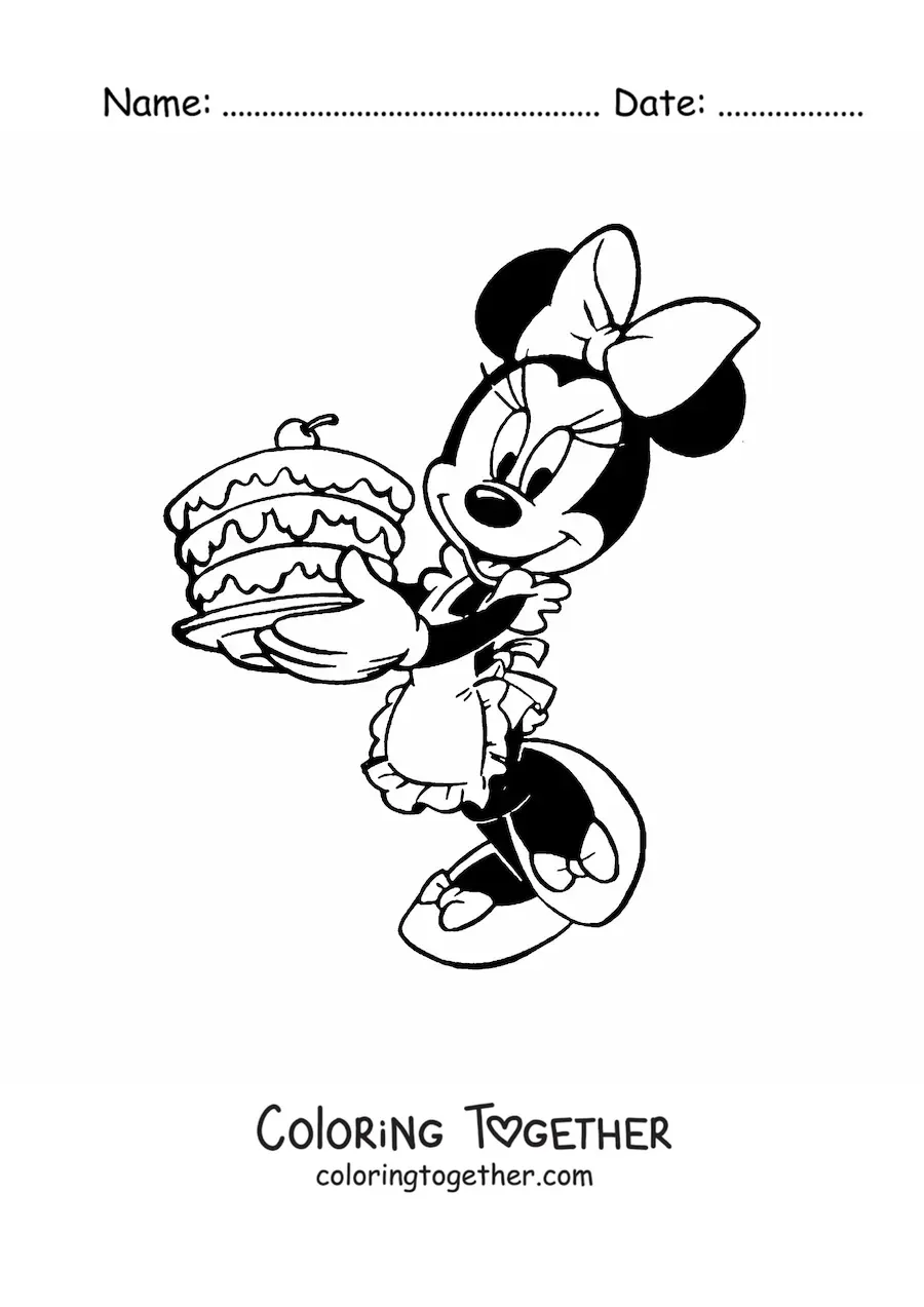 Coloring page of Minnie with a cake