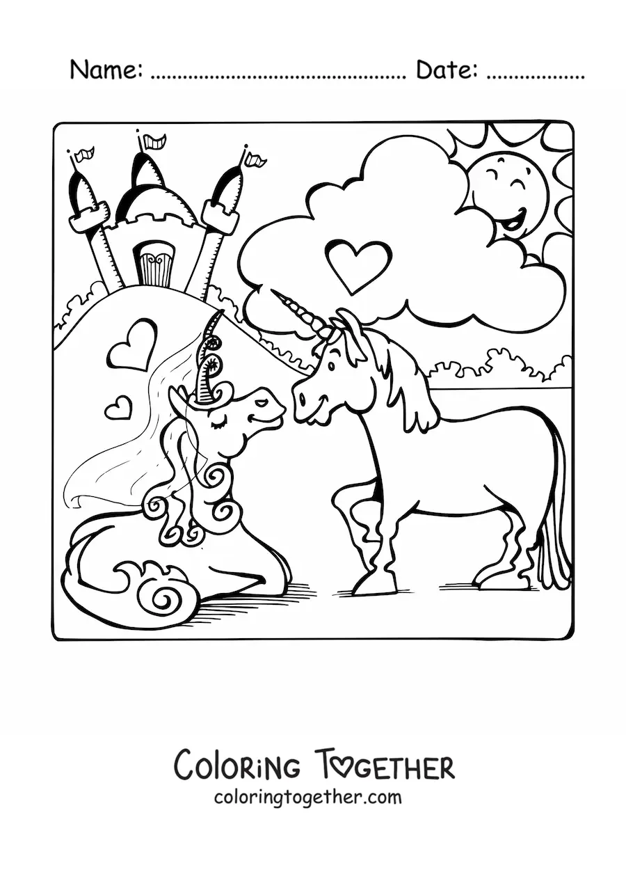 Coloring page of a unicorn princess with a unicorn prince and a castle in the background