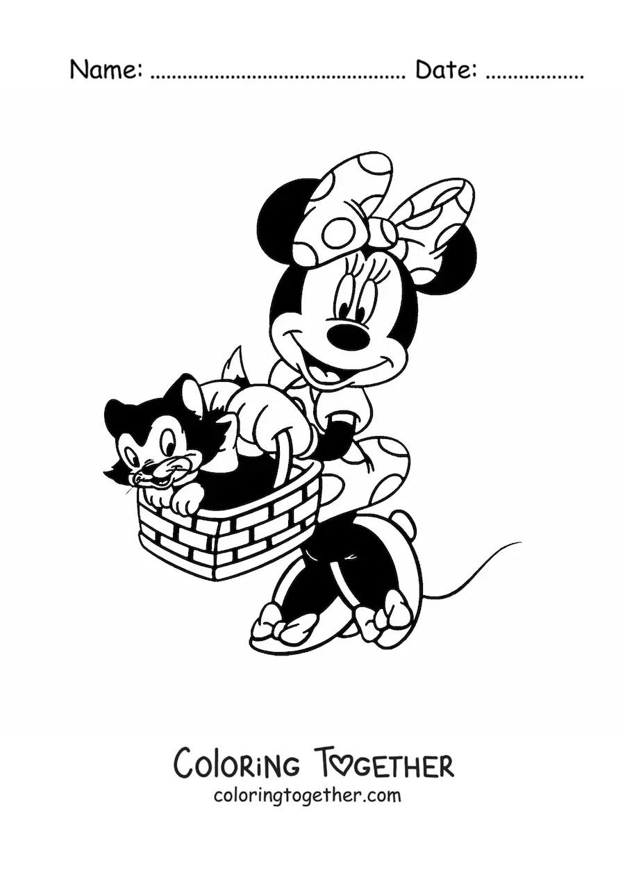 Coloring page of Minnie carrying her cat Figaro in a basket