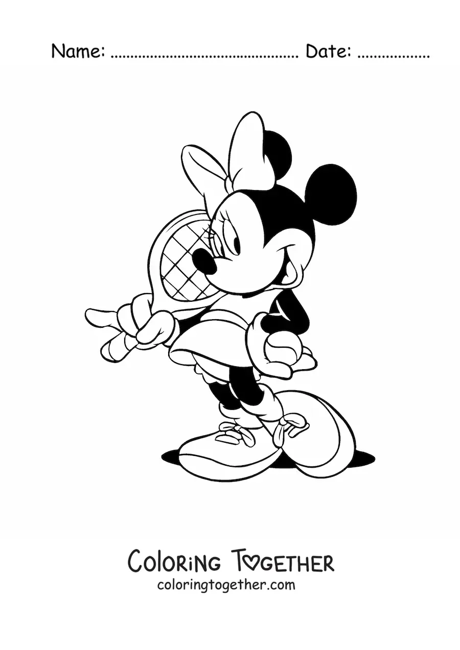 Coloring page of Minnie dressed as a tennis player with a racket