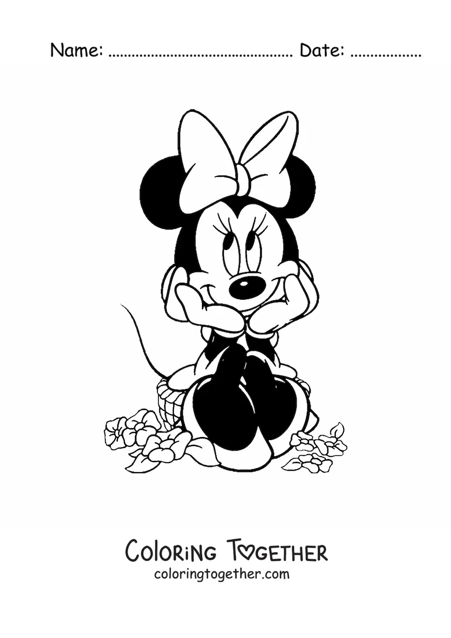 Coloring page of Minnie sitting on flowers, eyes looking up to the left