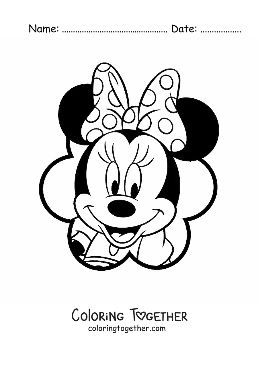 Coloring page of Minnie Mouse's face with a polka-dot bow