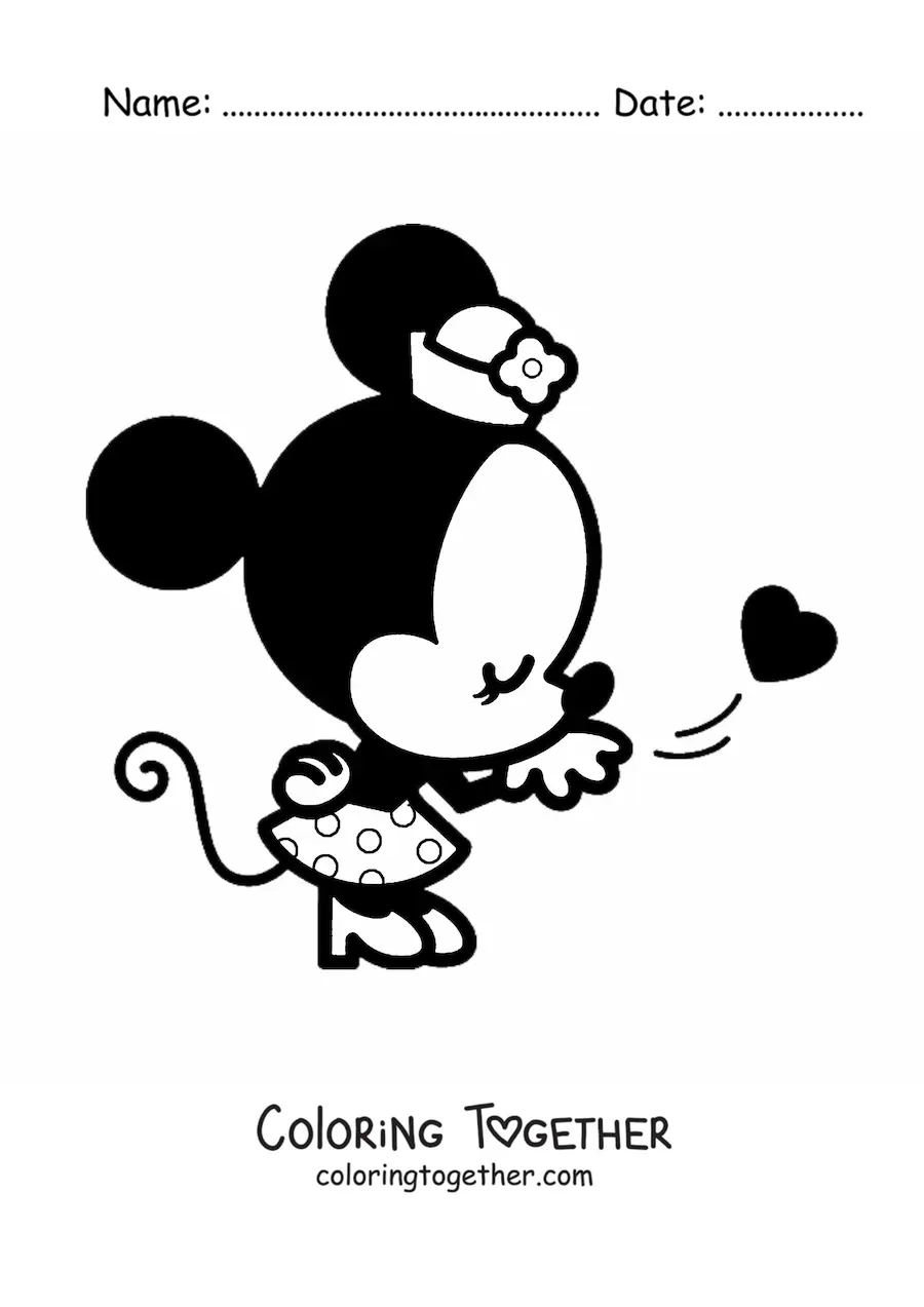 Coloring page of a kawaii Minnie blowing a kiss