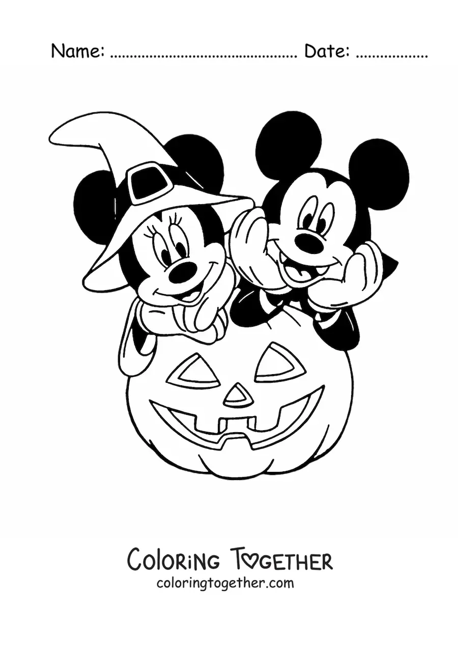 Coloring page of Minnie and Mickey in costumes at Halloween next to a big pumpkin