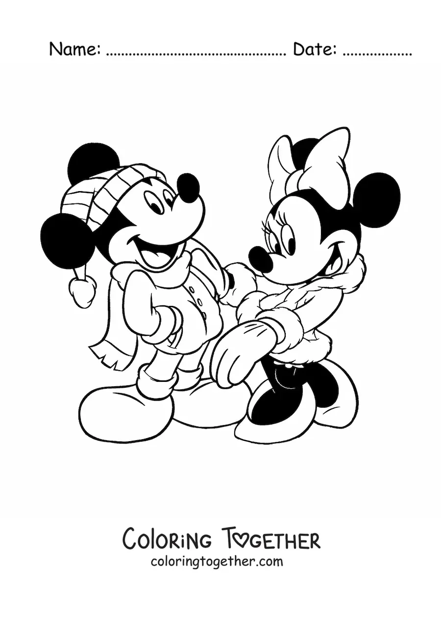 Coloring page of Minnie and Mickey dressed for winter at Christmas