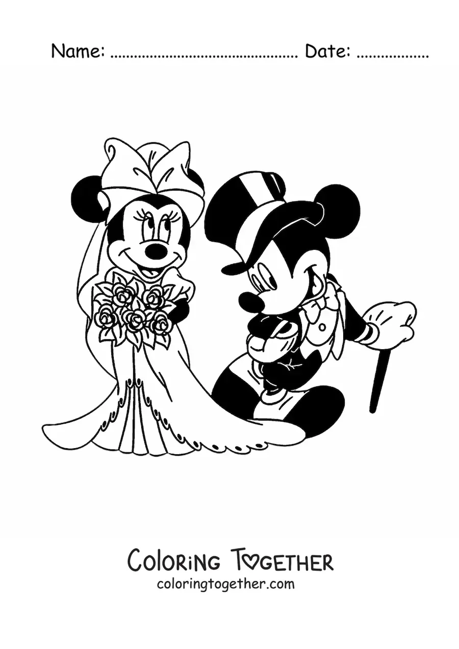 Coloring page of Minnie in a wedding dress with a bouquet and Mickey in a suit and hat at their wedding