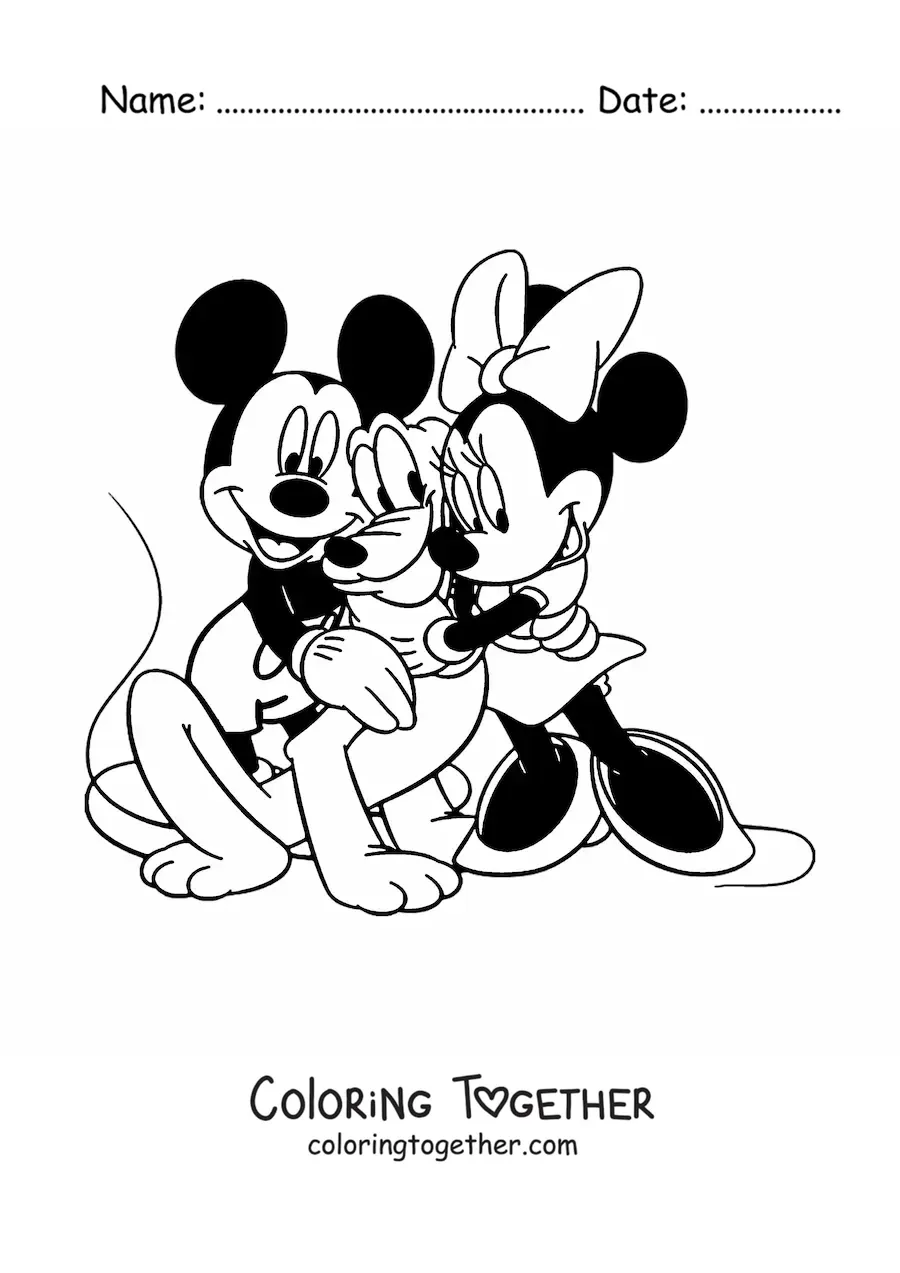 Coloring page of Minnie and Mickey hugging Pluto