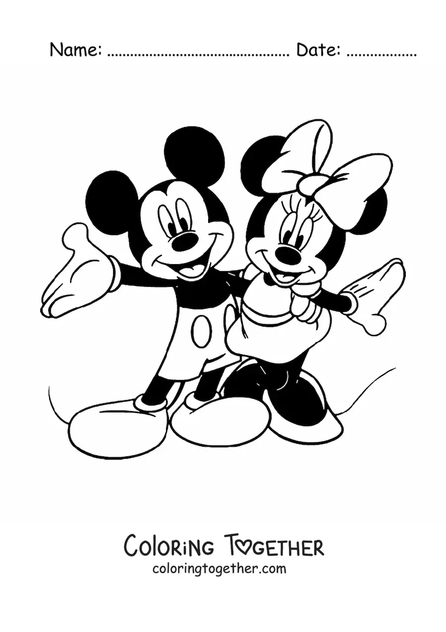 Coloring page of Minnie and Mickey hugging