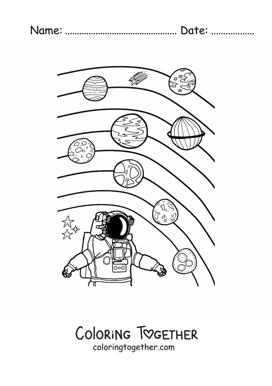 Coloring page of an astronaut and the planets of the current Solar System