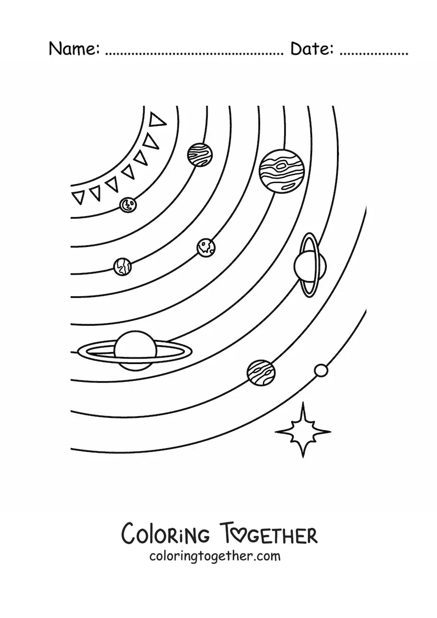 Coloring page of the planets of the Solar System with their full orbits and Pluto, to scale