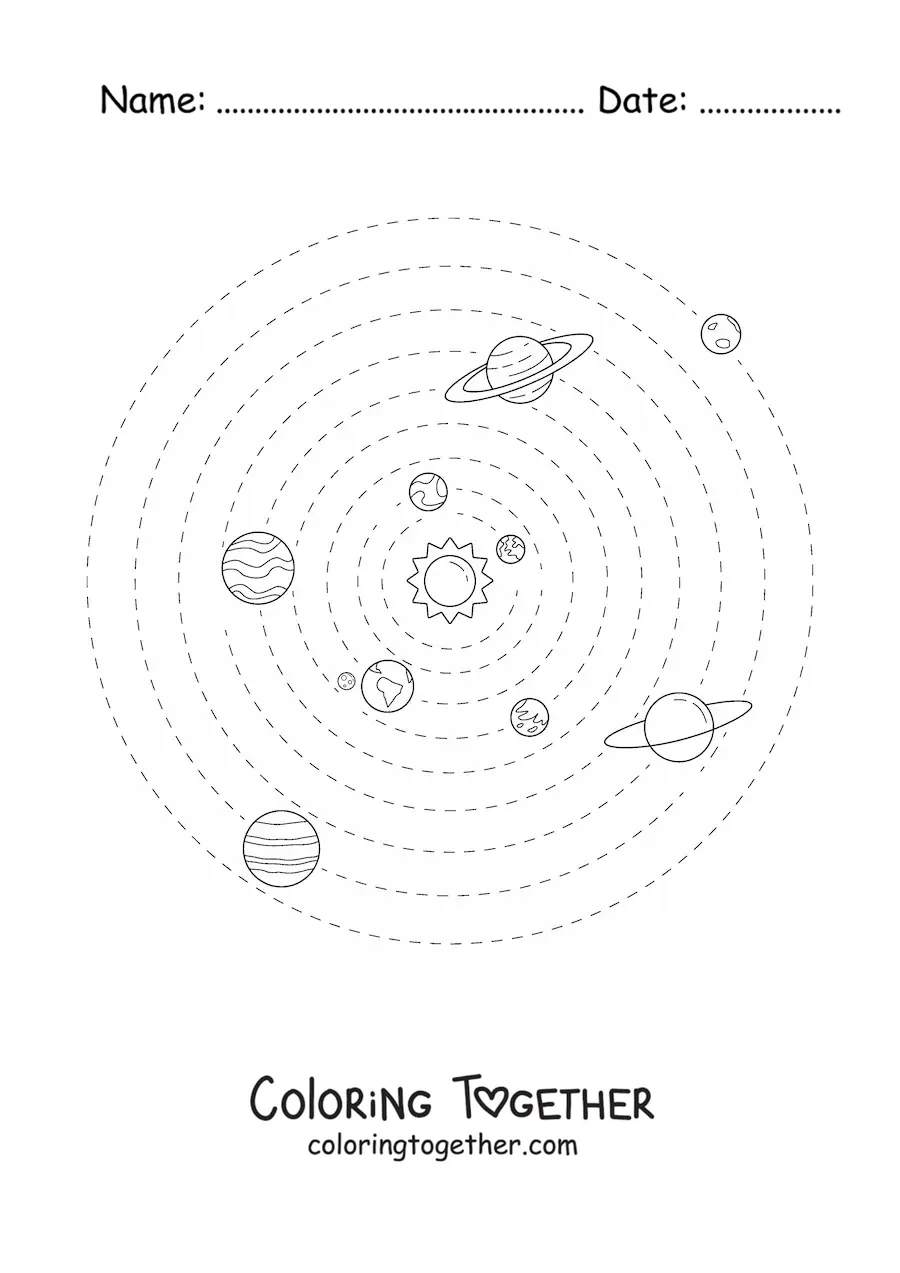 Coloring page of the Solar System with the 9 planets