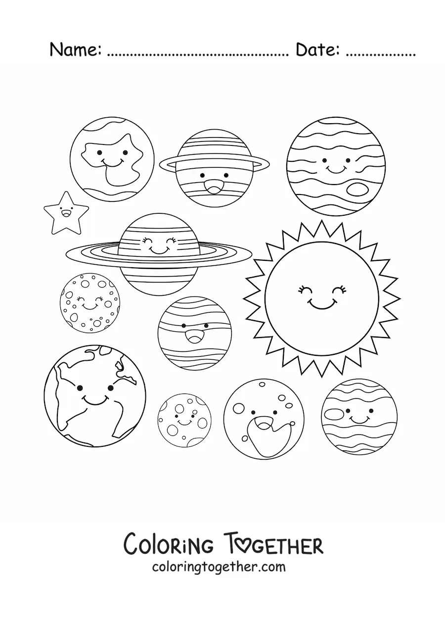 Coloring page of the planets of the Solar System with a kawaii Sun