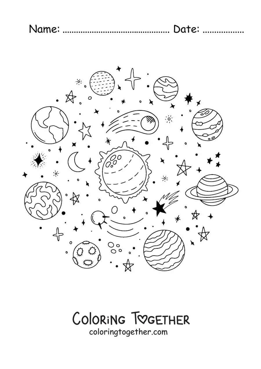 Coloring page of elements of the Solar System