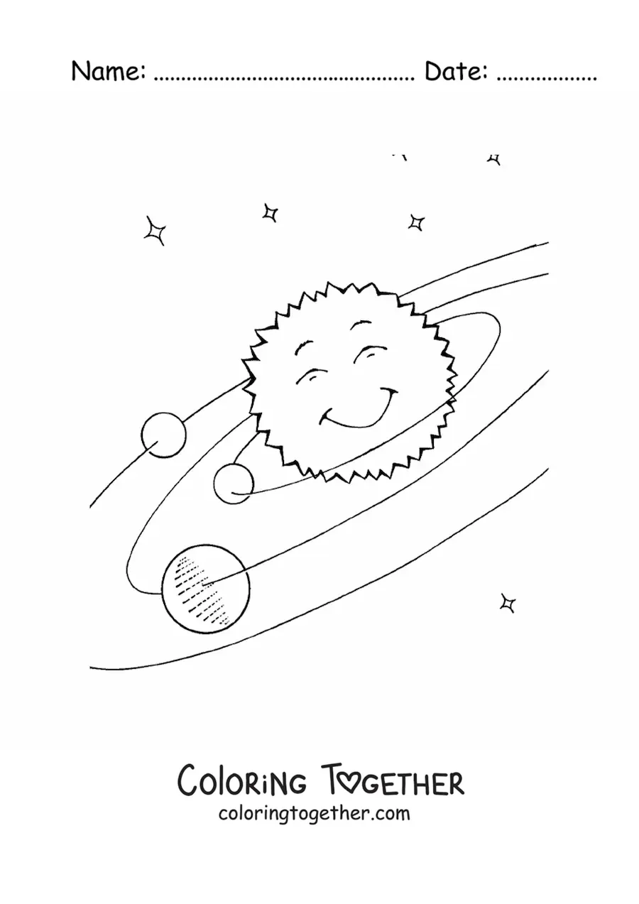 Coloring page of the Solar System with a kawaii Sun
