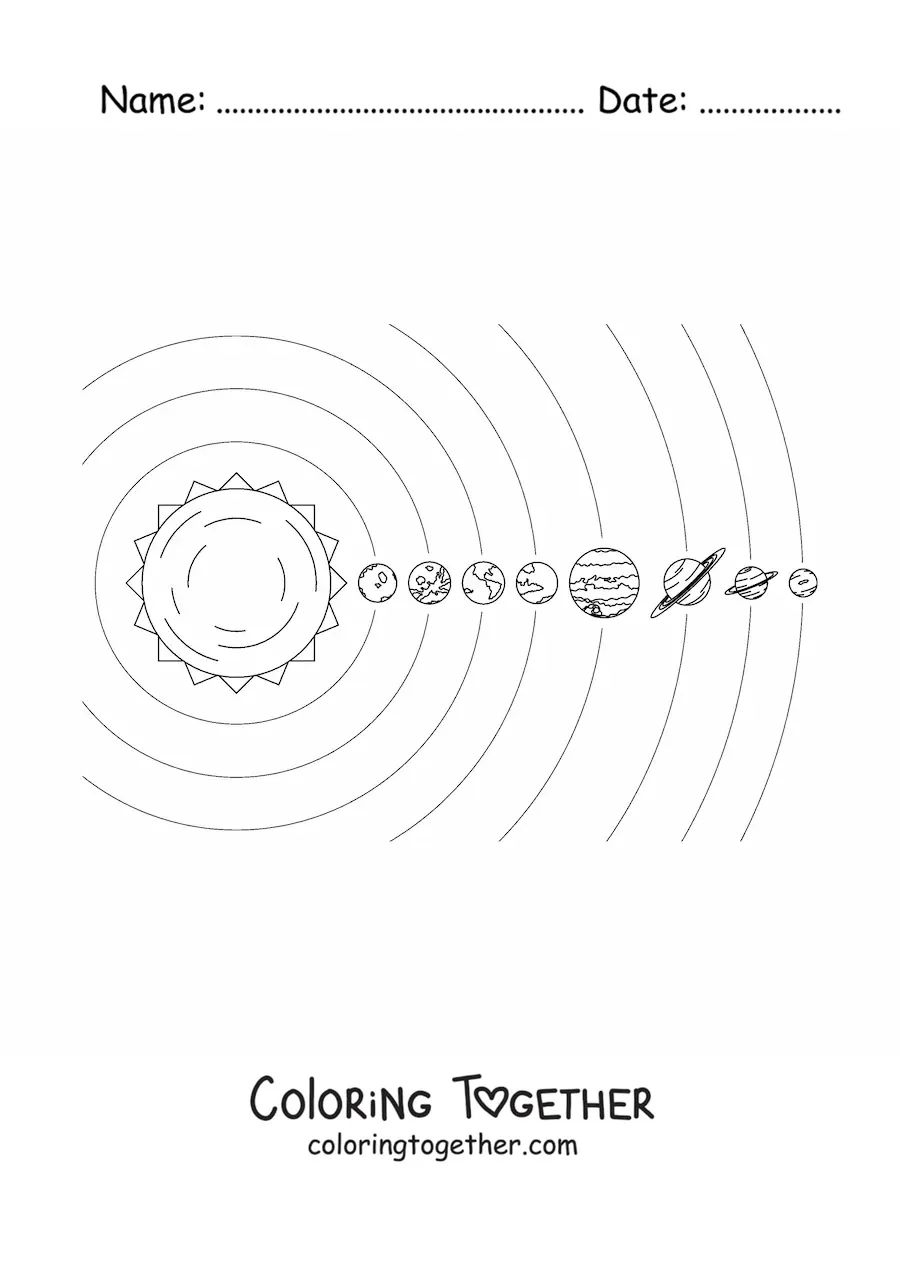 Coloring page of the current Solar System to scale