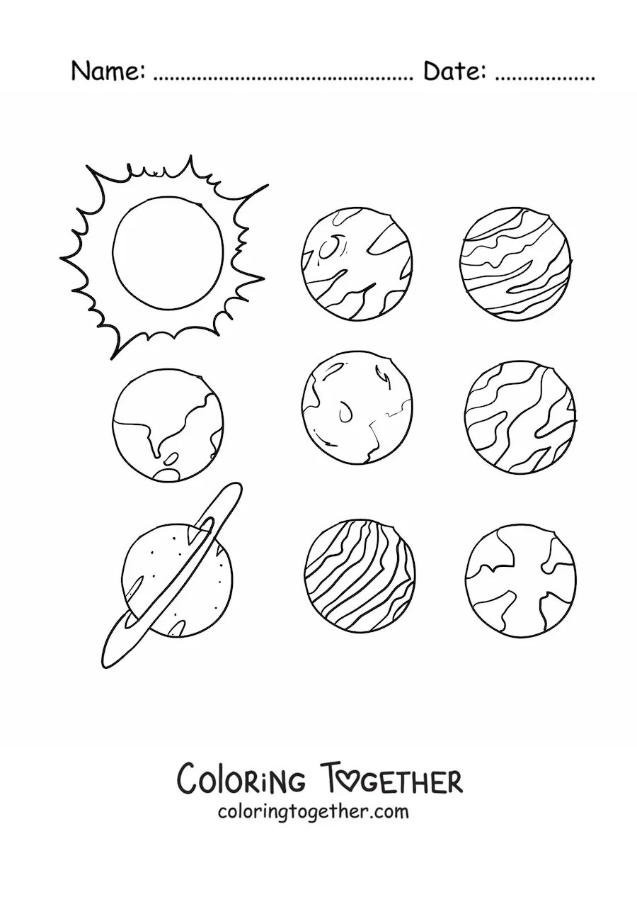 Coloring page of the planets of the current Solar System in rows