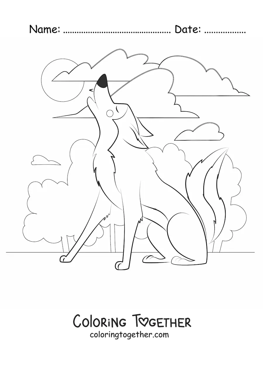 Coloring page of a cartoon wolf howling at the moon