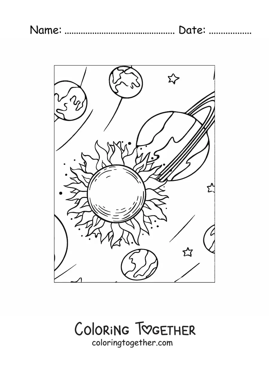 Coloring page of planets orbiting the Sun