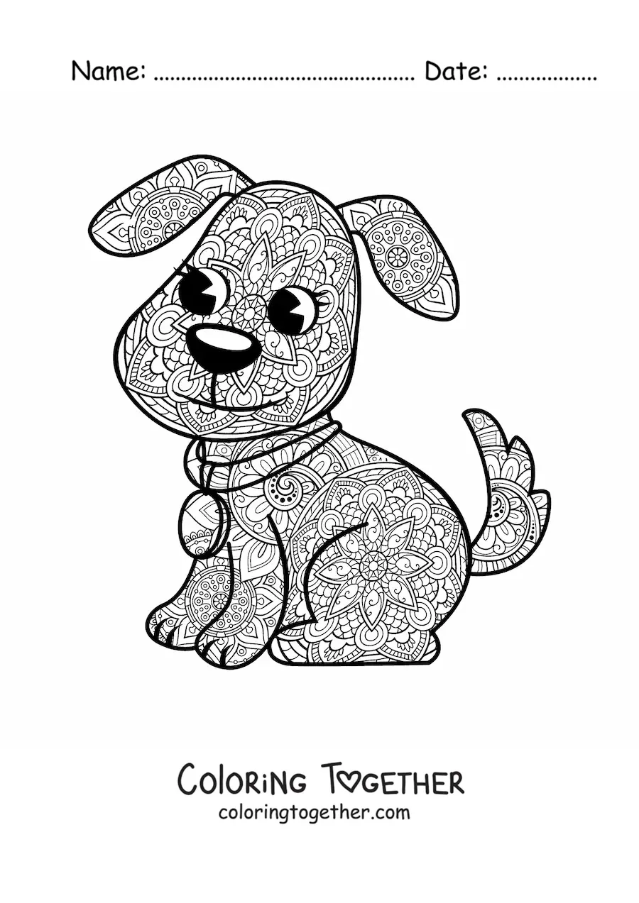 Coloring page of a kawaii dog mandala