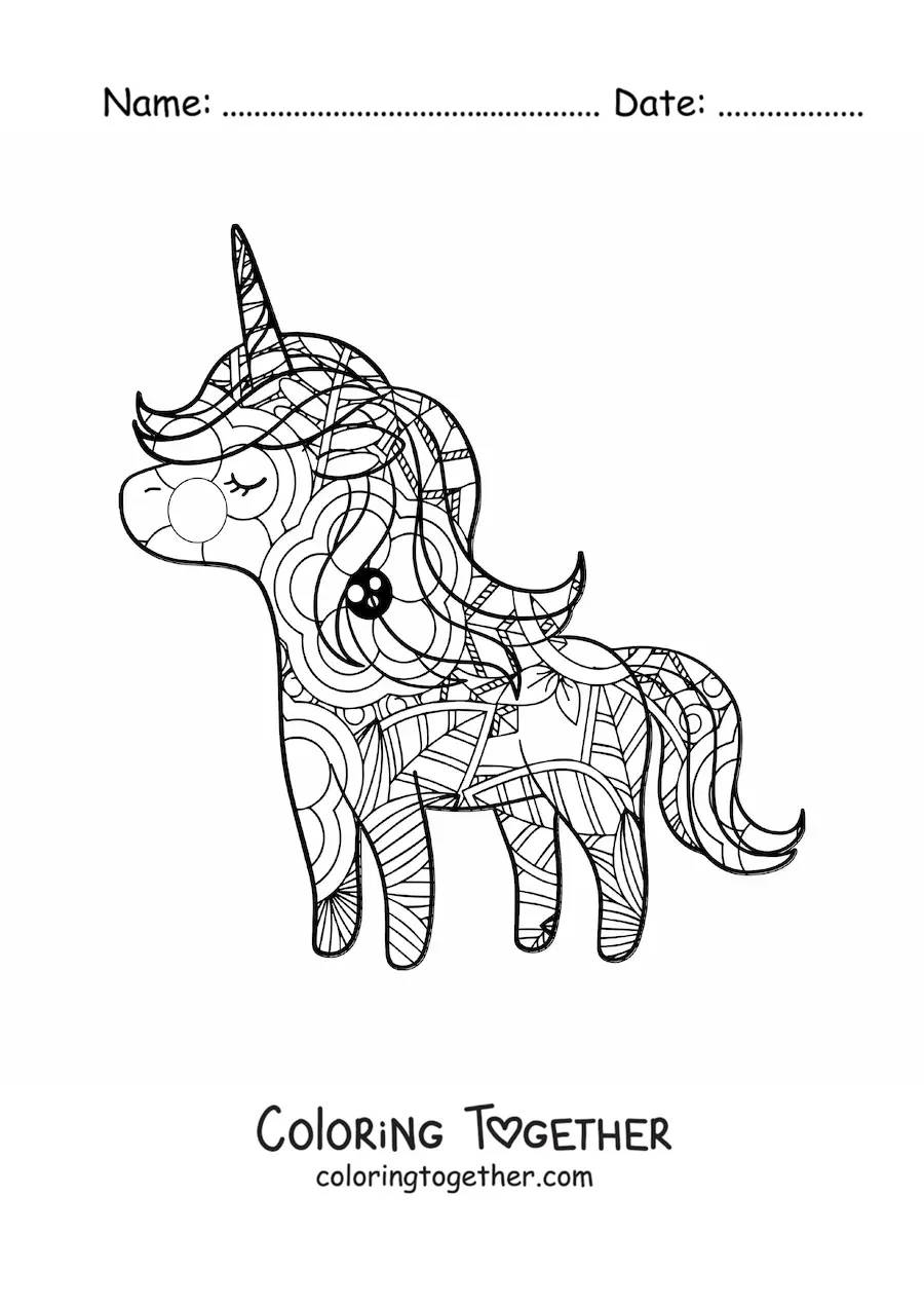 Coloring page of a kawaii unicorn mandala