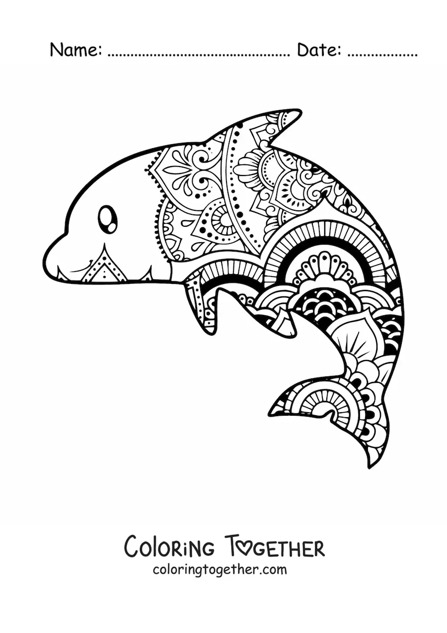 Coloring page of a kawaii dolphin mandala