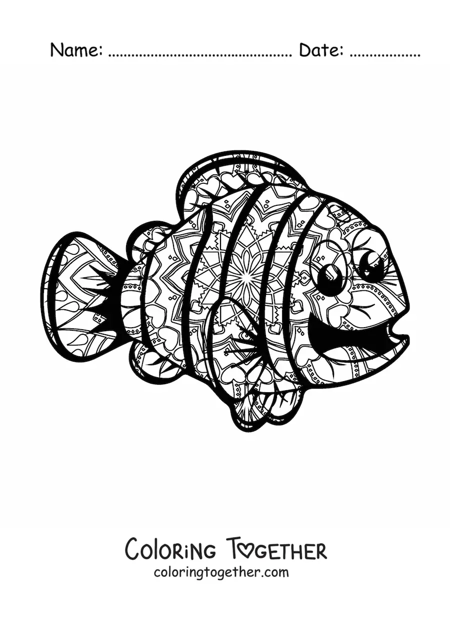 Coloring page of a kawaii fish mandala