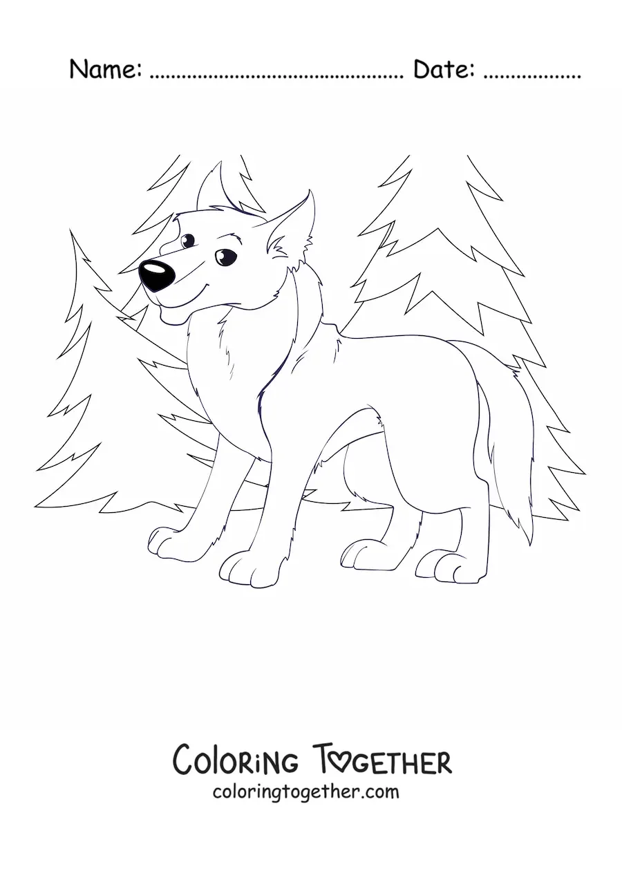 Coloring page of a smiling cartoon wolf in a forest