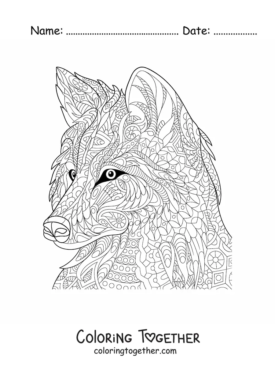 Coloring page of a difficult wolf mandala