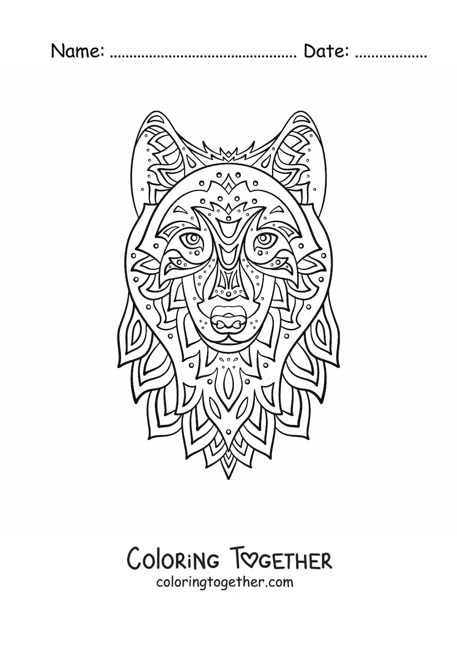 Coloring page of a geometric wolf mandala