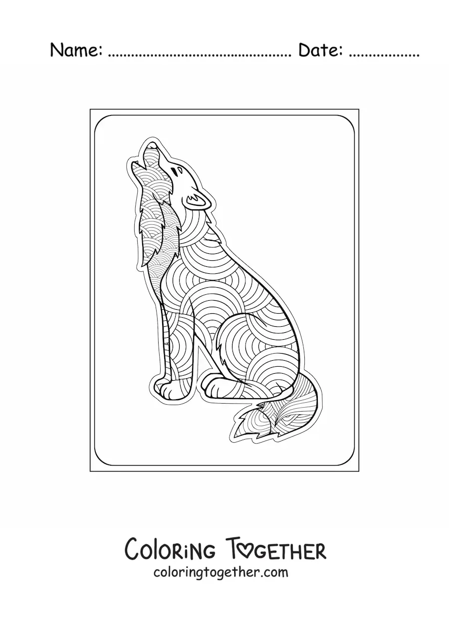 Coloring page of a howling wolf mandala