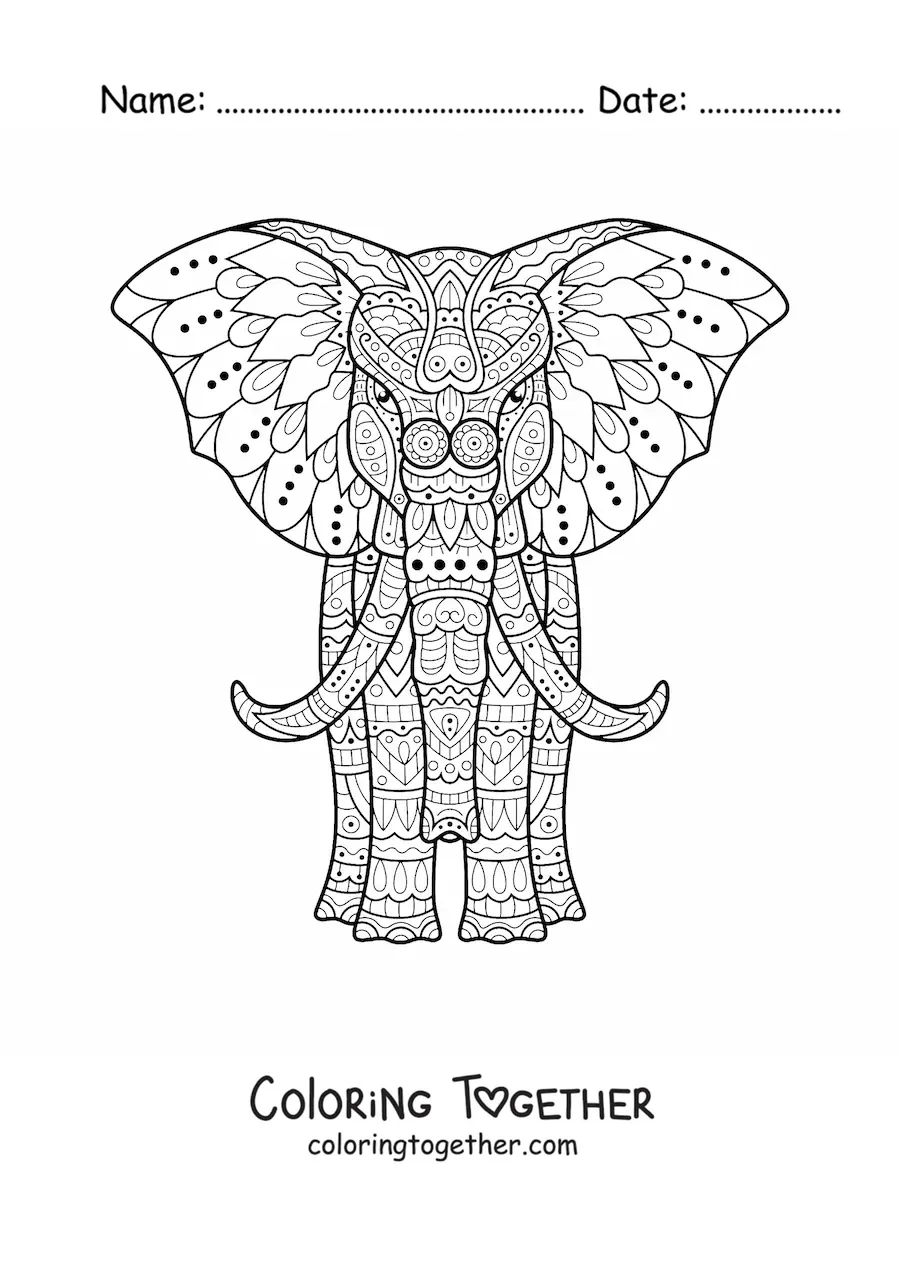 Coloring page of a front-facing elephant mandala