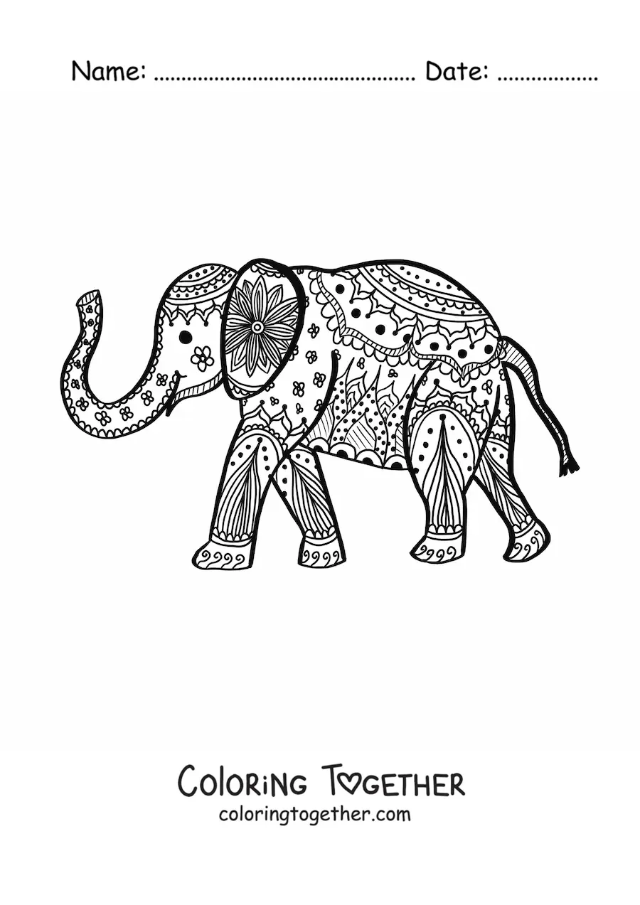 Coloring page of a walking elephant mandala