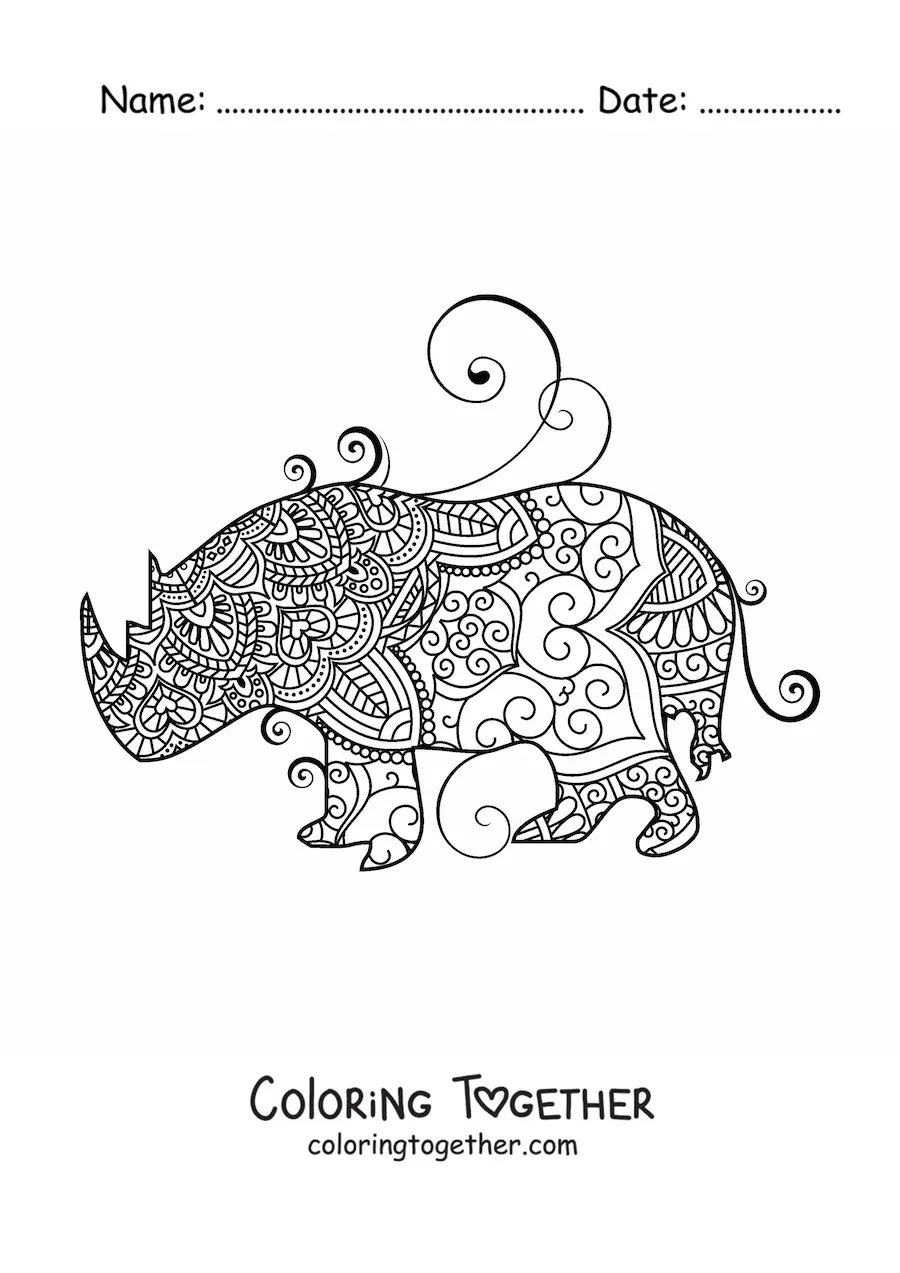 Coloring page of a rhinoceros mandala