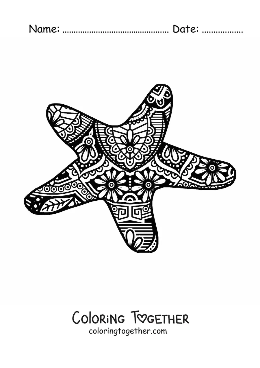 Coloring page of a Zentangle style starfish mandala