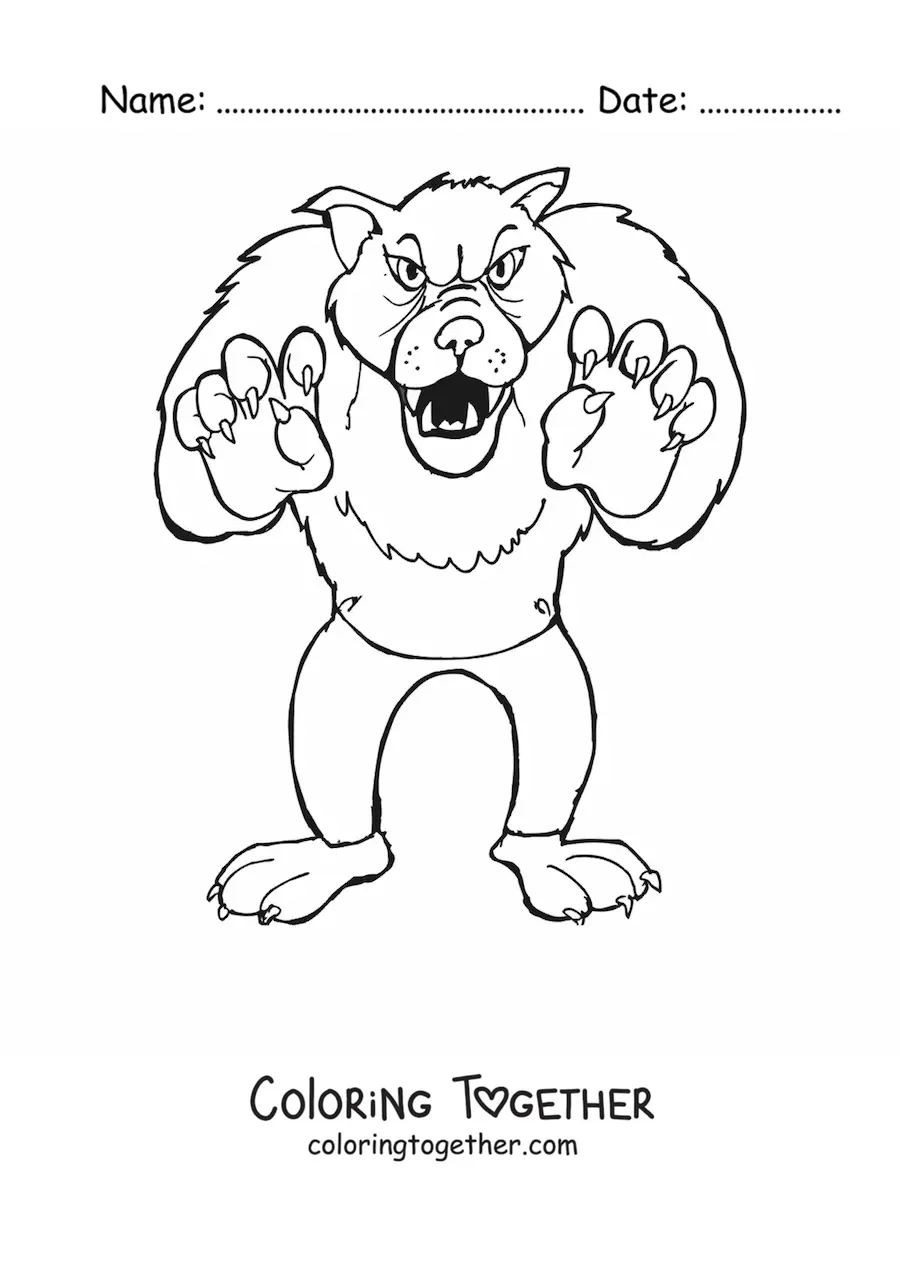 Coloring page of a fierce cartoon wolf