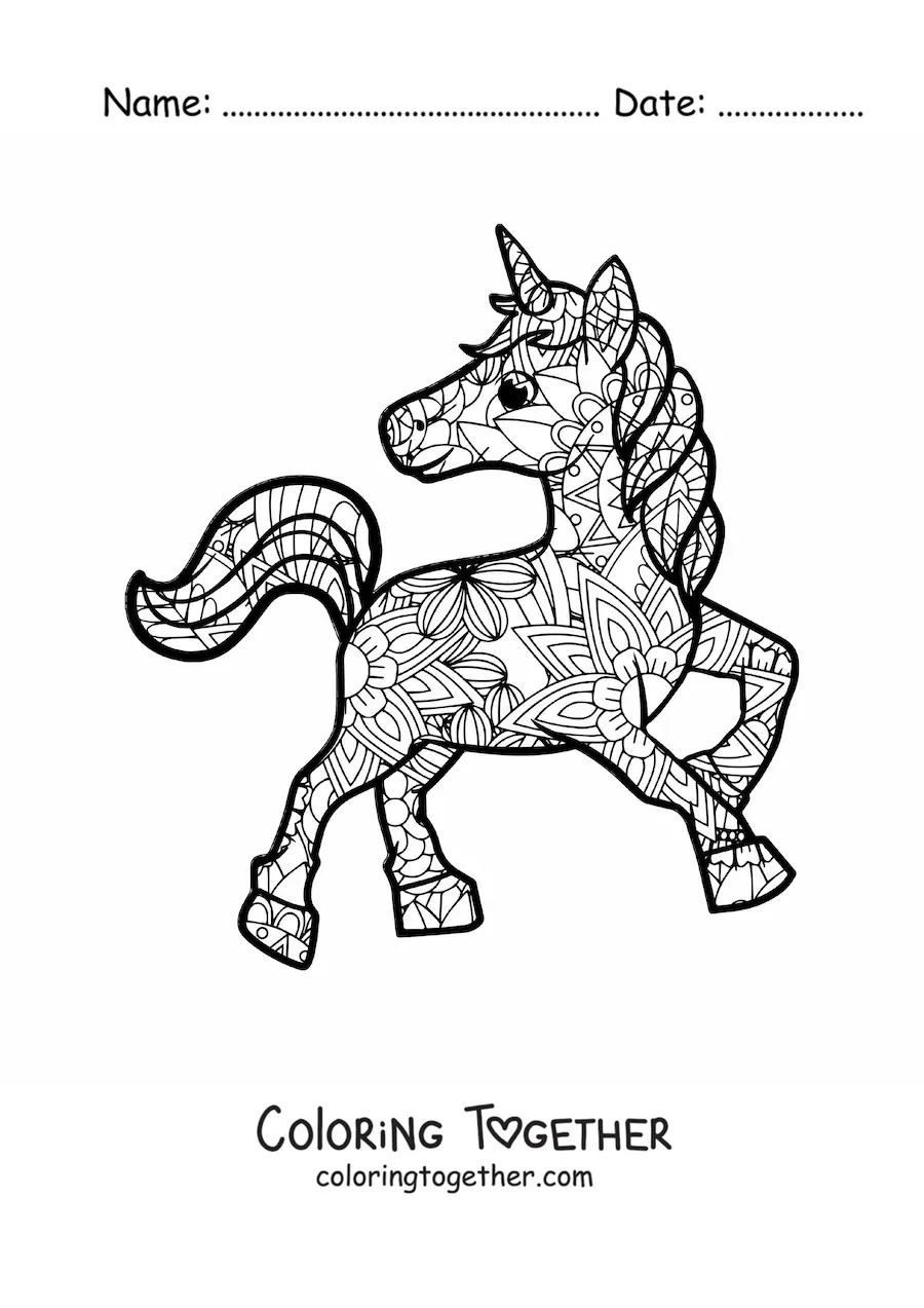 Coloring page of a cartoon unicorn mandala