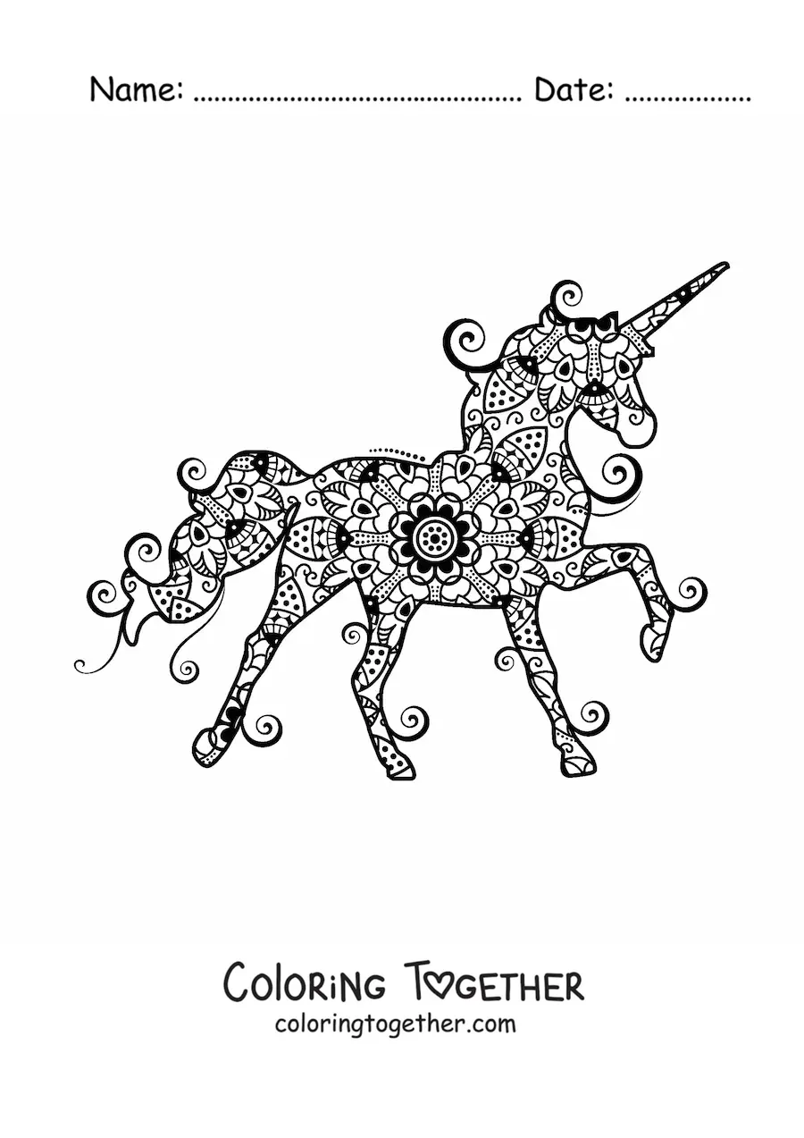 Coloring page of a unicorn mandala